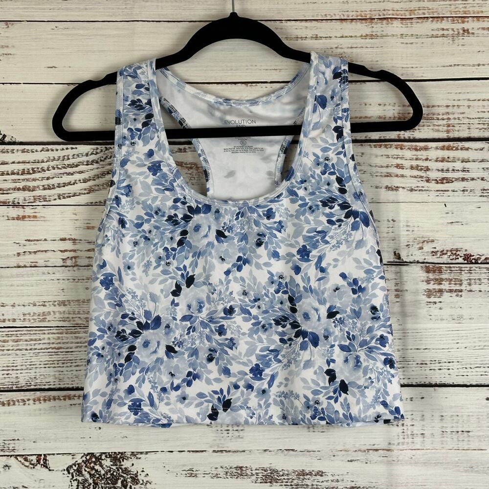 EUC Evolution & Creation Blue White Floral Crop Racerback Sports Bra Tank Sz XL